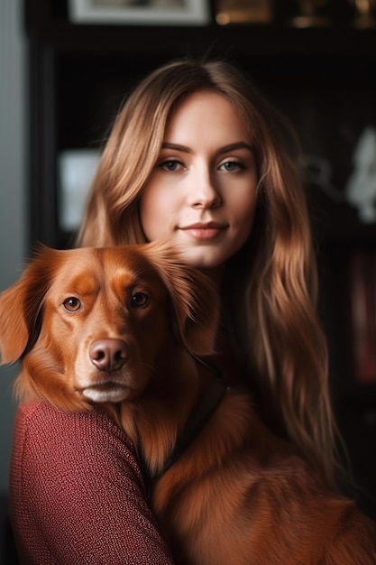 Portret van een vrouw en haar hond thuis