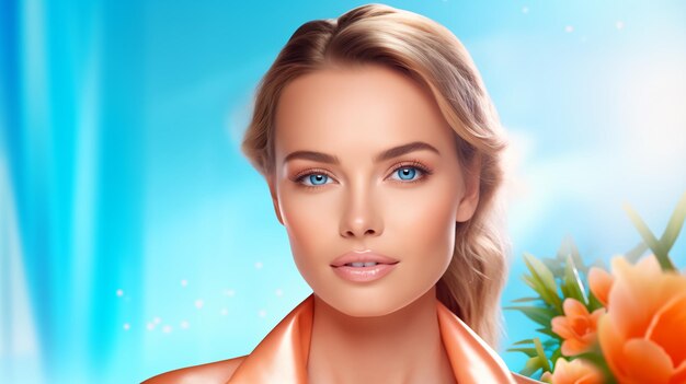 Portret van een vrouw glamoureuze make-up natuurlijke cosmetica lang haar blauw oranje achtergrond toon