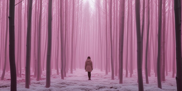 portret van een vrouw in het bos met roze licht