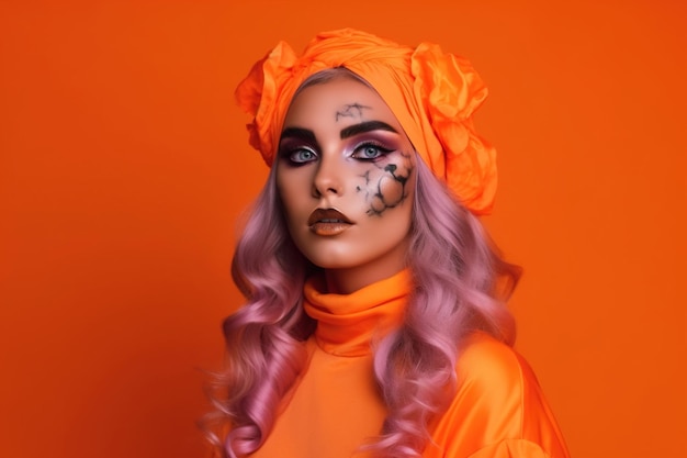 portret van een vrouw met creatieve Halloween make-up heeft een griezelig uiterlijk een vrouw in een Halloween kostuum lege ruimte op een oranje achtergrond Een vrouw bereidt zich voor op de dag van de doden Generatieve AI