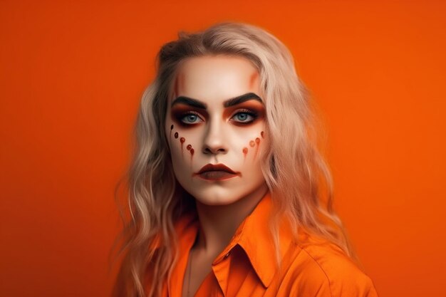 portret van een vrouw met creatieve Halloween-make-up heeft een griezelige uitstraling een vrouw in een halloween-kostuum lege ruimte op een oranje achtergrond Een vrouw bereidt zich voor op de dag van de doden Generatieve AI