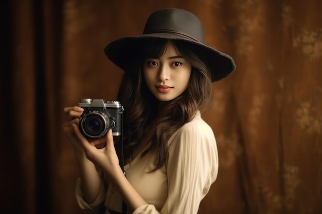 Portret van een vrouw met een hoed die een camera vasthoudt Generatieve AI
