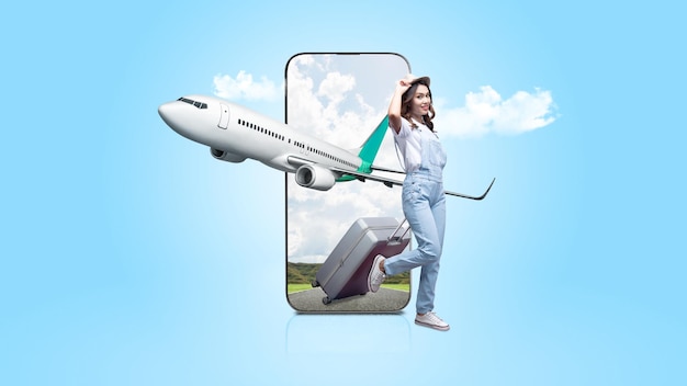 Portret van een vrouw met een hoed die een koffer draagt en door het scherm van een mobiele telefoon loopt met een vliegend commercieel vliegtuig op de achtergrond