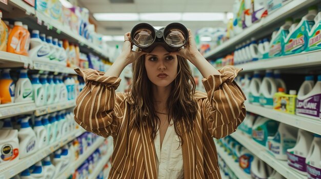 Foto portret van een vrouw met een verrekijker in een supermarkt op zoek naar een specifiek productconcept met een wazige achtergrond voor tekst generatieve ai