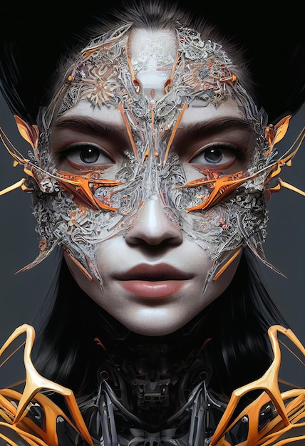 Portret van een vrouw met futuristisch masker gegenereerd door kunstmatige intelligentie