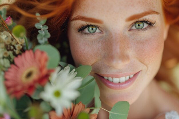 Foto portret van een vrouw met groene ogen en rood haar die glimlacht