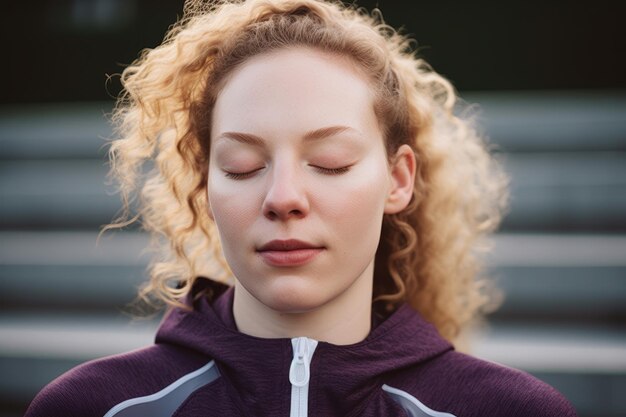 Portret van een vrouw met haar ogen dicht in sportkleding gemaakt met generatieve AI