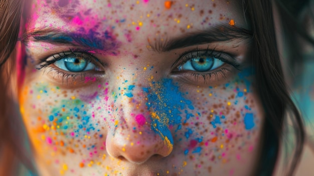 Foto portret van een vrouw met kleurrijk holi poeder op haar gezicht artistieke make-up focus op ogen ai generative
