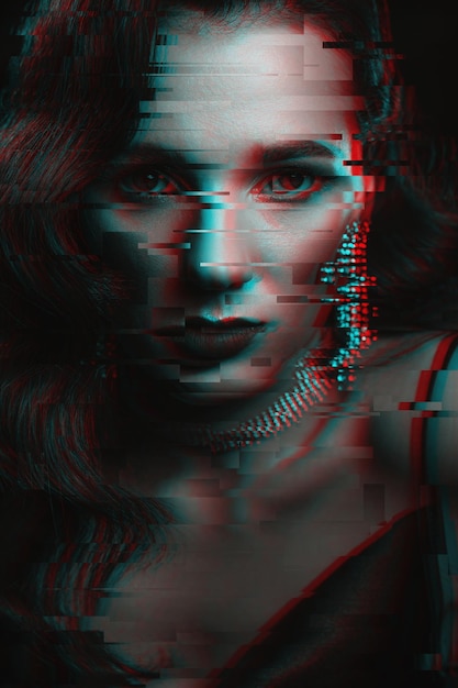 Portret van een vrouw met make-up en kapsel in klassieke vintage Hollywood-stijl Zwart-wit met 3D glitch virtual reality-effect