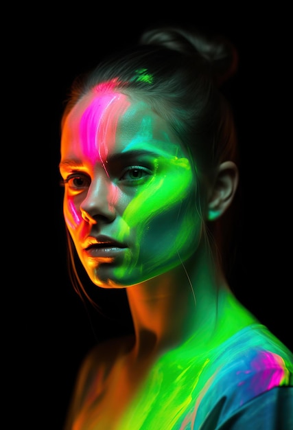 Portret van een vrouw met neon schmink op zwarte achtergrond