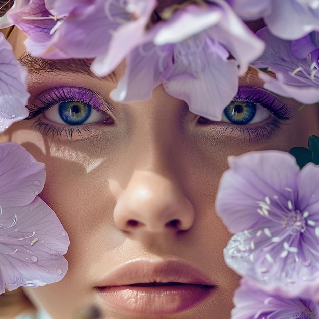 Portret van een vrouw met paarse bloemen Internationale Vrouwendag