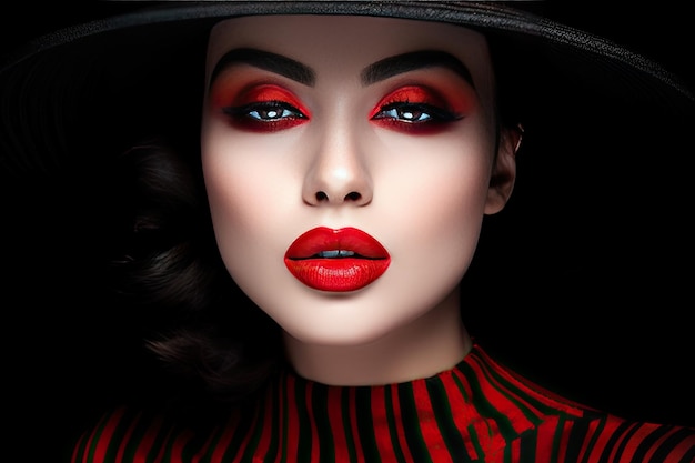 Portret van een vrouw met rode lippenstift en hoed