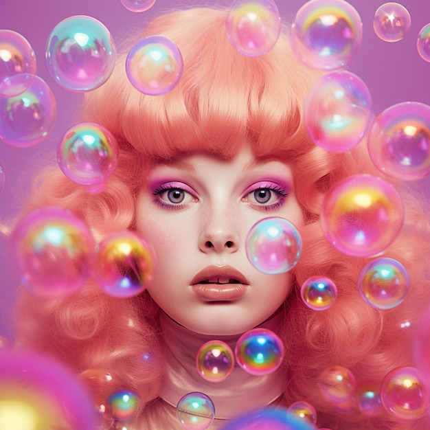 Portret van een vrouw met roze haar en bubbels