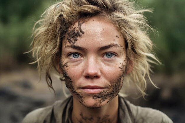 Portret van een vrouw met slordig haar en vuil op haar gezicht gemaakt met generatieve AI