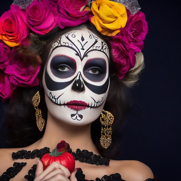 Portret van een vrouw met suiker schedel make-up op donkere achtergrond Halloween kostuum en portret