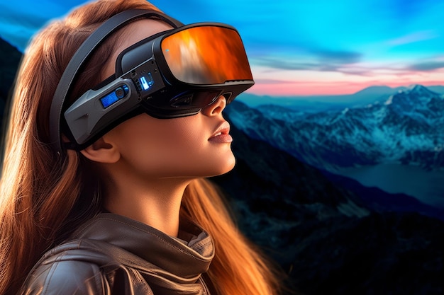 Portret van een vrouw ondergedompeld in een VR-wereld