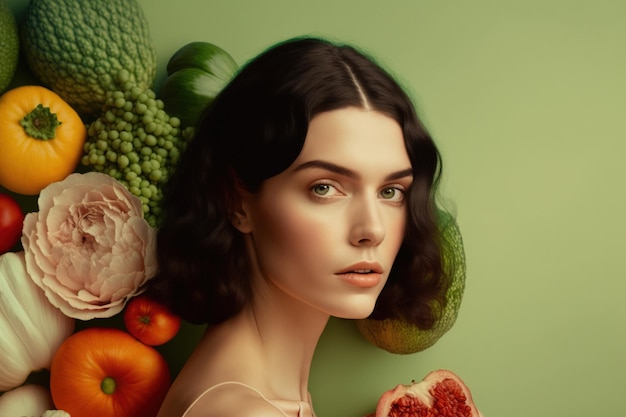 Portret van een vrouw op een groene achtergrond met groenten en fruit