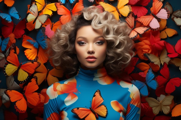 Portret van een vrouw tegen een achtergrond van vlinders surrealisme Generatieve AI