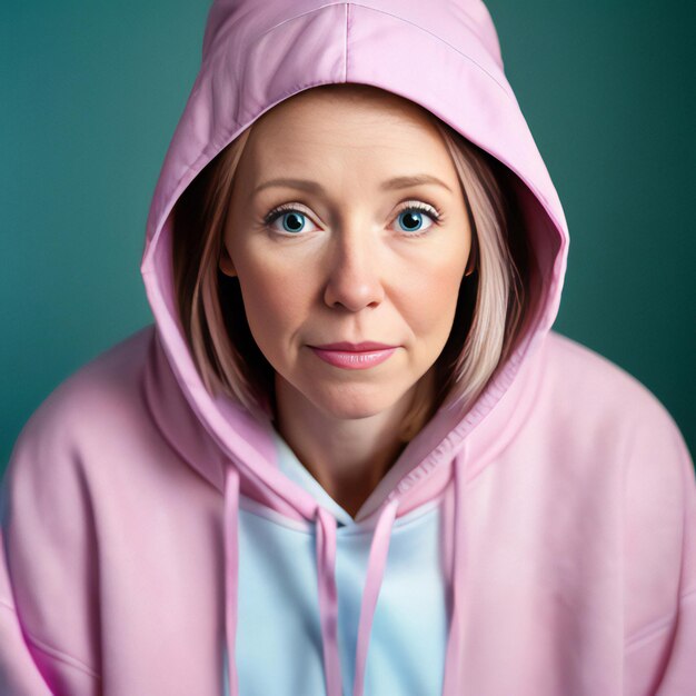 Portret van een vrouw van middelbare leeftijd in een roze hoodie