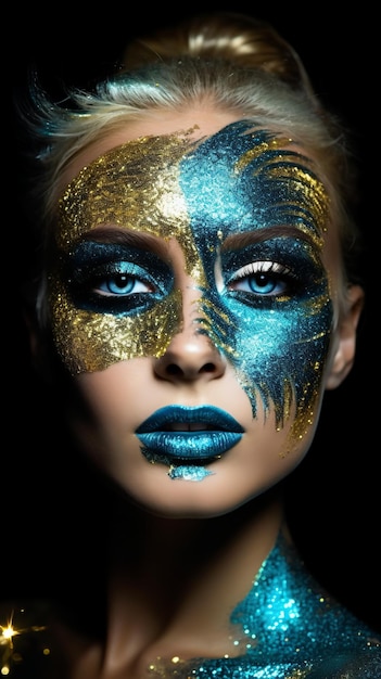 Portret van een vrouw volledig bedekt met glitterblauwe en gouden make-up