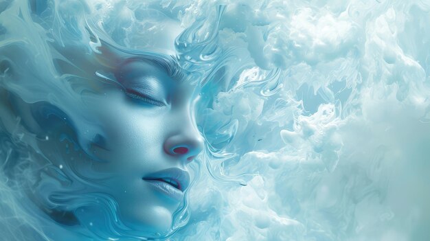 Foto portret van een vrouwelijk hoofd in blauw-witte kleur concept van schoonheid cosmetica make-up huidverzorging
