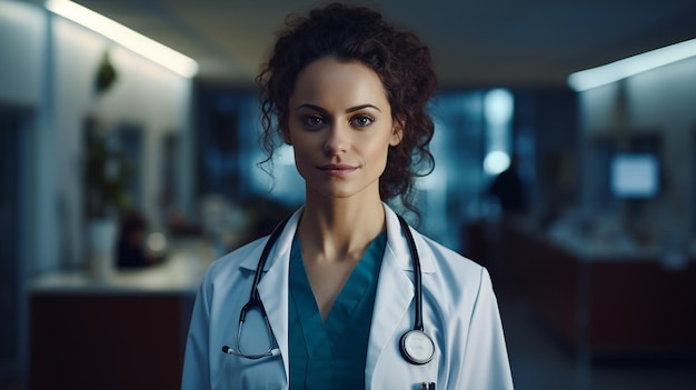 Foto portret van een vrouwelijke arts met een stethoscoop in een ziekenhuiscorridor