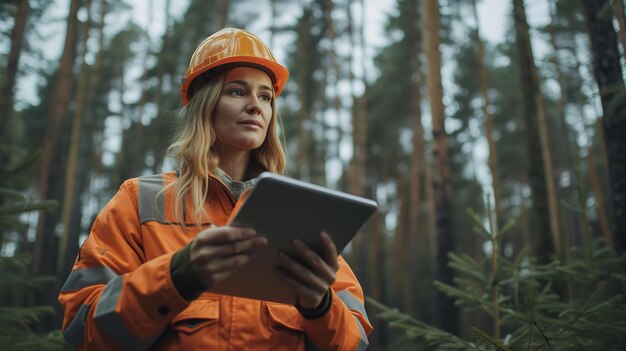 Portret van een vrouwelijke bosbouwingenieur die in het veld werkt met een digitale tabblad en gegevens verzamelt met een kopieerruimte Generatieve AI