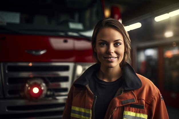 portret van een vrouwelijke brandweerman die glimlacht voor de achtergrond van een brandweerauto in bokeh-stijl