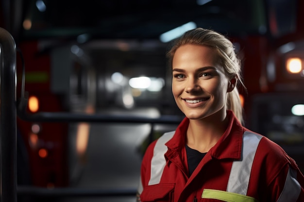portret van een vrouwelijke brandweerman die glimlacht voor de achtergrond van een brandweerauto in bokeh-stijl