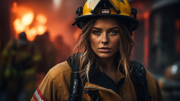 Portret van een vrouwelijke brandweerman terwijl ze een bijl vasthoudt en binnenshuis een zuurstofmasker draagt