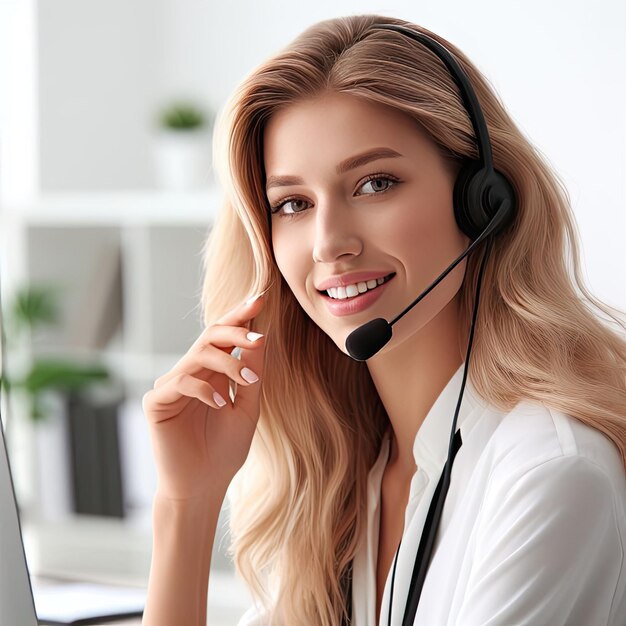 Portret van een vrouwelijke callcentermedewerker van een klantenservicemedewerker met een hoofdtelefoonmicrofoon