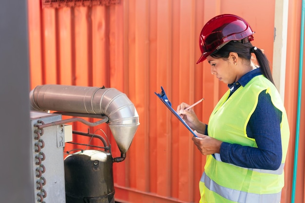 Portret van een vrouwelijke fabrieksarbeider aan het werk in een fabriek