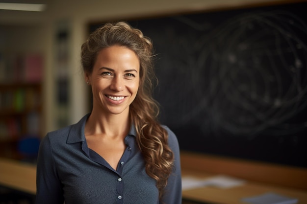 portret van een vrouwelijke leraar die glimlacht in de klas in bokeh-stijl achtergrond