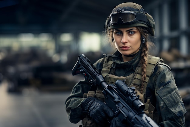 Portret van een vrouwelijke militaire swat-teamlid met een geweer voor een verlaten gebouw