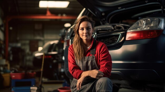 Portret van een vrouwelijke monteur in een auto-service tegen de achtergrond van auto's.