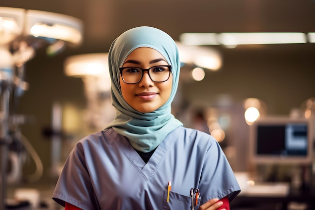 Portret van een vrouwelijke moslimdokter in haar scrubpak in het ziekenhuis