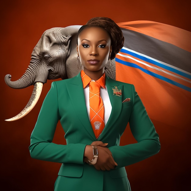 portret van een vrouwelijke ondernemer uit Ivoorkust met kenmerken van de Afrikaanse olifant