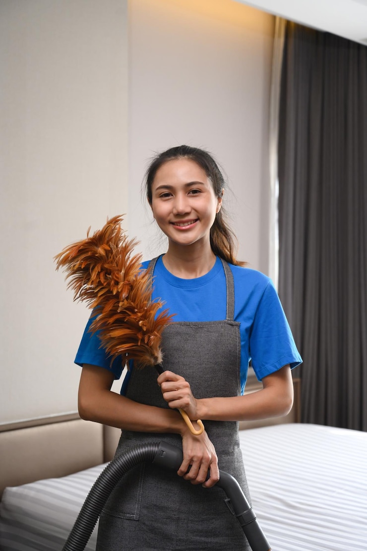 Foto portret van een vrouwelijke schoonmaakmedewerker die een stofzuiger vasthoudt en naar de camera kijkt