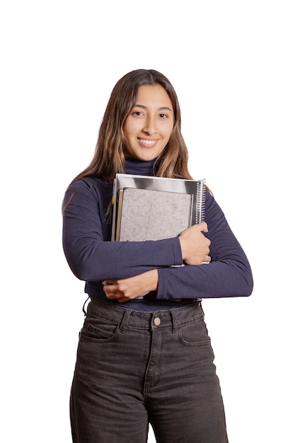 Portret van een vrouwelijke student met boeken geïsoleerd op een witte achtergrond