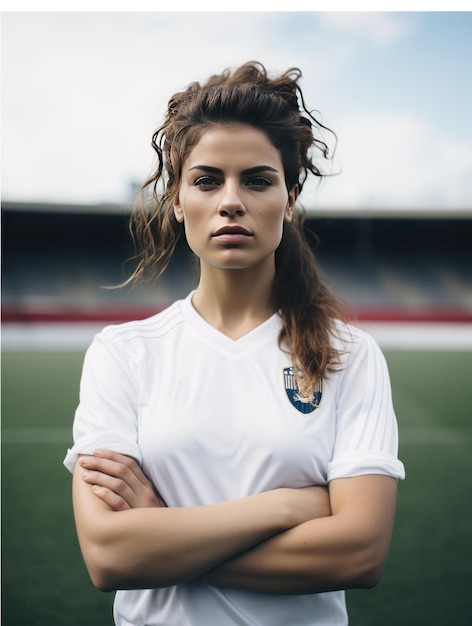 Portret van een vrouwelijke voetballer voor een veld