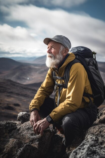 Portret van een wandelaar die uitkijkt over het rotsachtige landschap