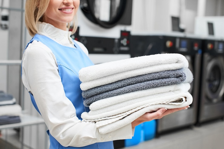 Foto portret van een wasserijmedewerker op de achtergrond van kleding op hangers in de stomerij