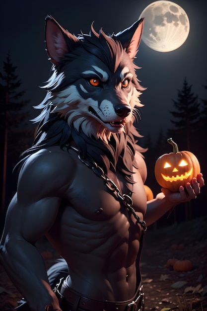 Portret van een weerwolf met een pompoen Halloween