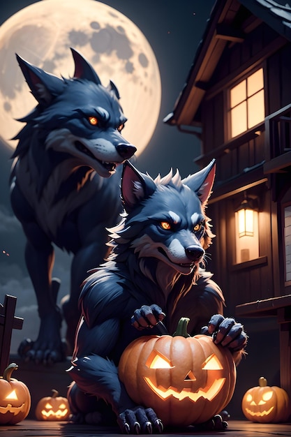 Portret van een weerwolf met een pompoen Halloween