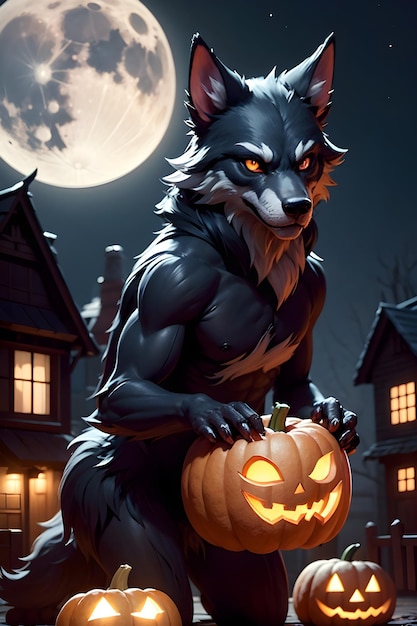 Portret van een weerwolf met een pompoen Halloween