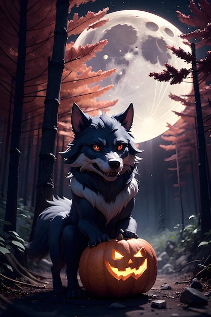 Portret van een weerwolf met een pompoen Halloween