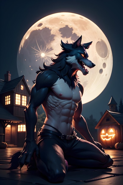 Portret van een weerwolf met een pompoen Halloween