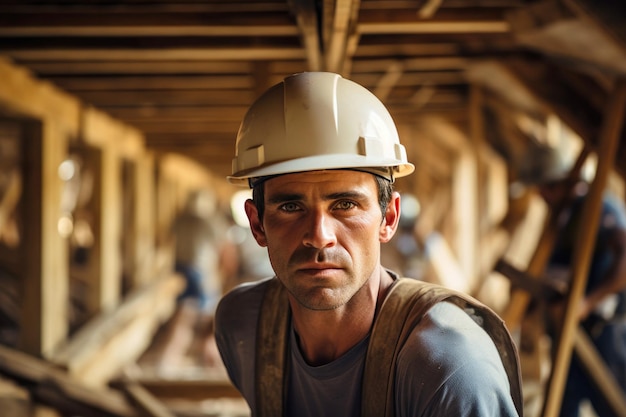 Portret van een werknemer in een helm op de bouwplaats van een huis