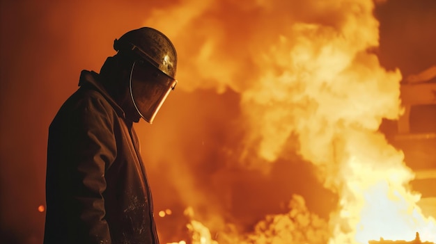 Portret van een werknemer in een staalfabriek, gieten van gesmolten metaal in een industriële gieterijwerkplaats