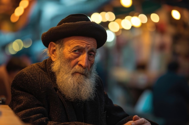 Portret van een wijze bejaarde Joodse heer gekenmerkt door zijn baard en klassieke hoed